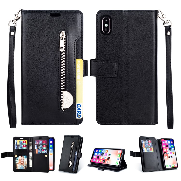 

For iPhone XS Max 6.5 inch Multi-slot Wallet Zippered Leather Stand Mobile Phone Case - Black, iPhone XS Max 6.5 inch
