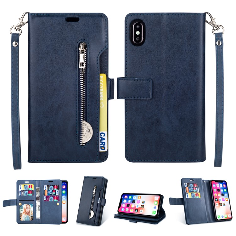 

For iPhone XS Max 6.5 inch Multi-slot Wallet Zippered Leather Stand Cell Phone Cover - Dark Blue, iPhone XS Max 6.5 inch