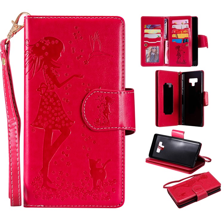 

Imprinted Beauty Cat 9 Card Slots Leather Stand Cover for Samsung Galaxy Note9 N960 - Red