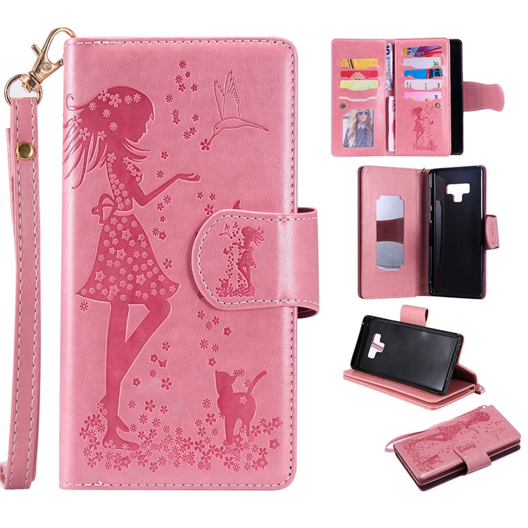 

Imprinted Beauty Cat 9 Card Slots Leather Stand Shell for Samsung Galaxy Note9 N960 - Pink