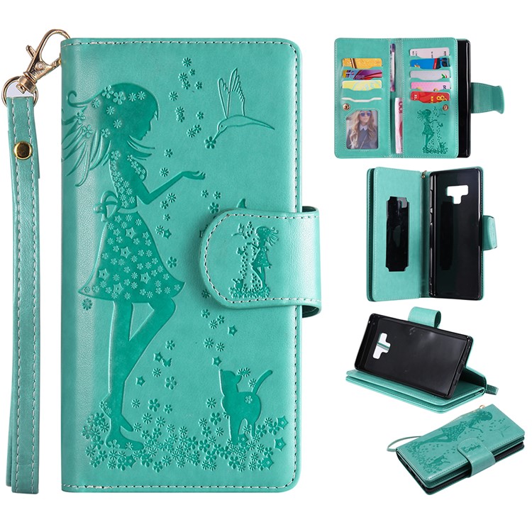 

Imprinted Beauty Cat 9 Card Slots Leather Case with Stand for Samsung Galaxy Note9 N960 - Cyan