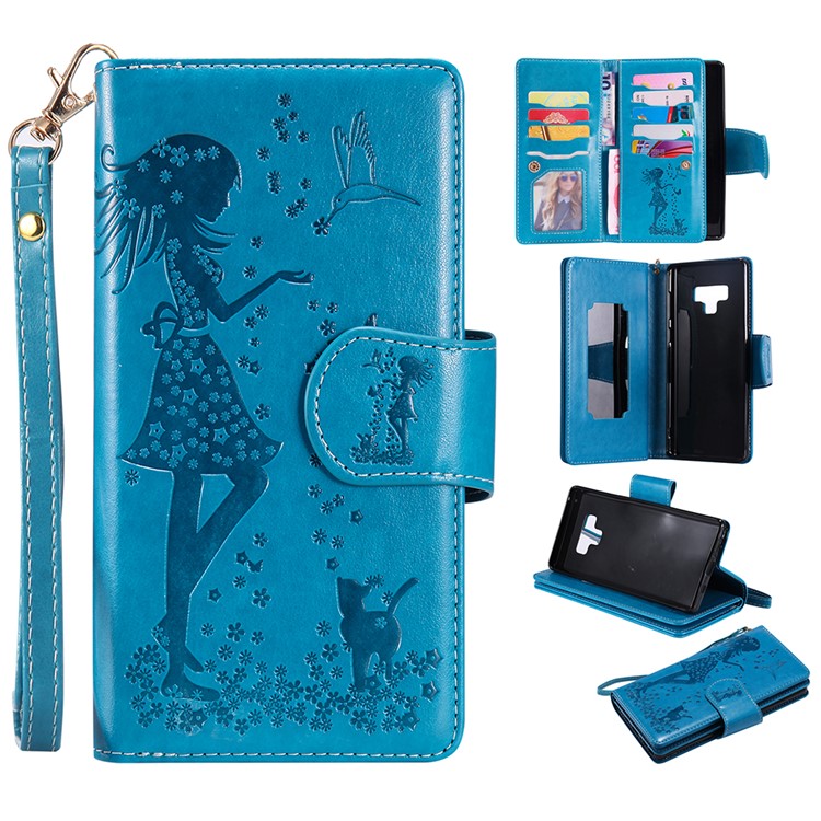 

Imprinted Beauty Cat 9 Card Slots Leather Cover with Stand for Samsung Galaxy Note9 N960 - Blue