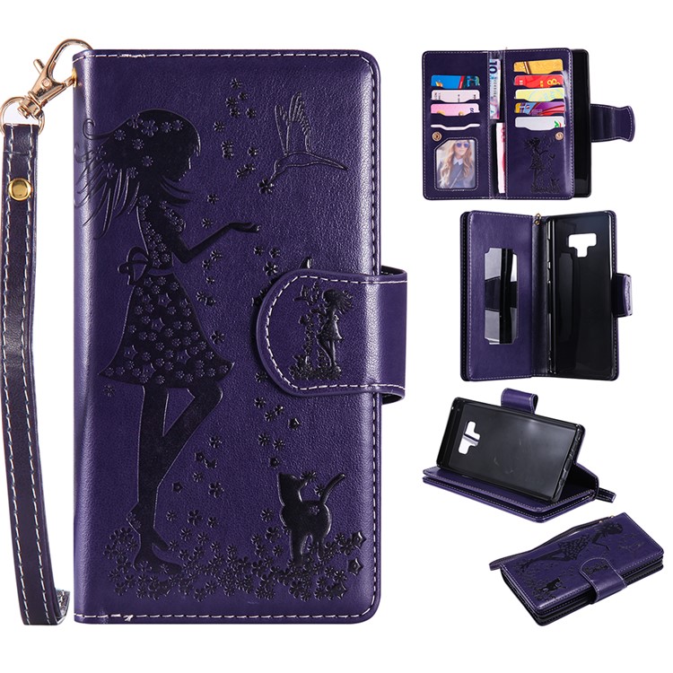 

Imprinted Beauty Cat 9 Card Slots Leather Stand Case Shell Cover for Samsung Galaxy Note9 N960 - Purple