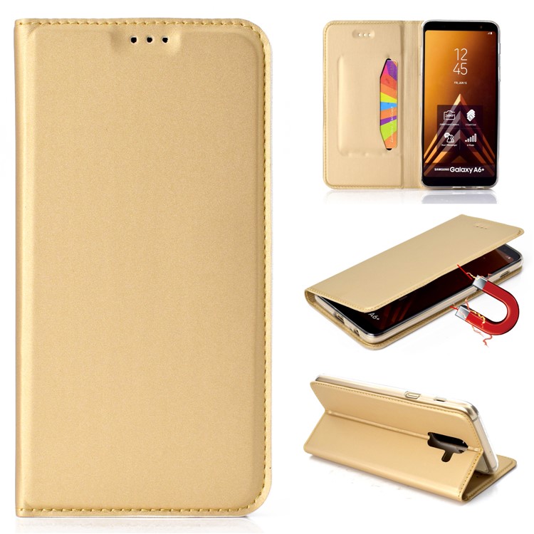 

Auto-absorbed Leather Card Holder Mobile Casing with Stand for Samsung Galaxy A6+ (2018)/A9 Star Lite - Gold, Galaxy A6+ (2018)