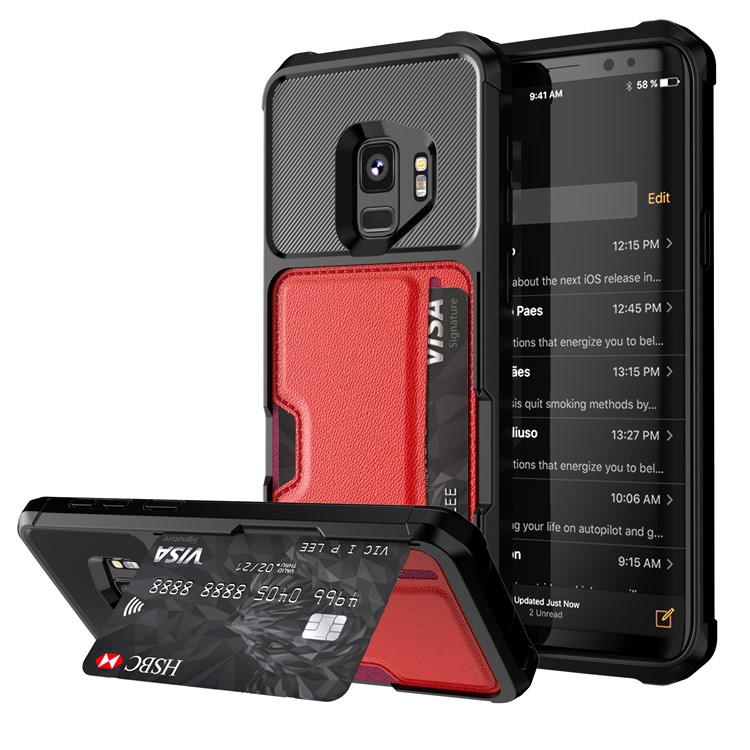 

Для Галактики Samsung S9 G960 PU С Кожаным Покрытием PC TPU Держатель Карты Гибридный Задний Чехол (встроенный Магнитный Держатель Металлический Лист) - Красный, Galaxy S9