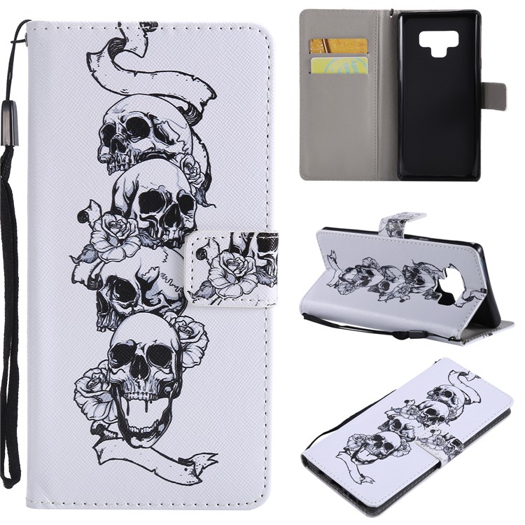 

Patterned Wallet Stand Leather Flip Mobile Shell for Samsung Galaxy Note9 N960 - Skull and Flowers