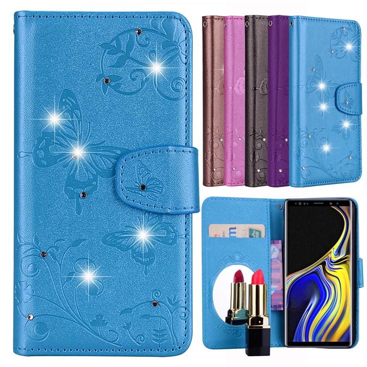 

For Samsung Galaxy Note9 N960 Imprinted Butterfly Flower Rhinestone Wallet Leather Shell with Mirror - Blue