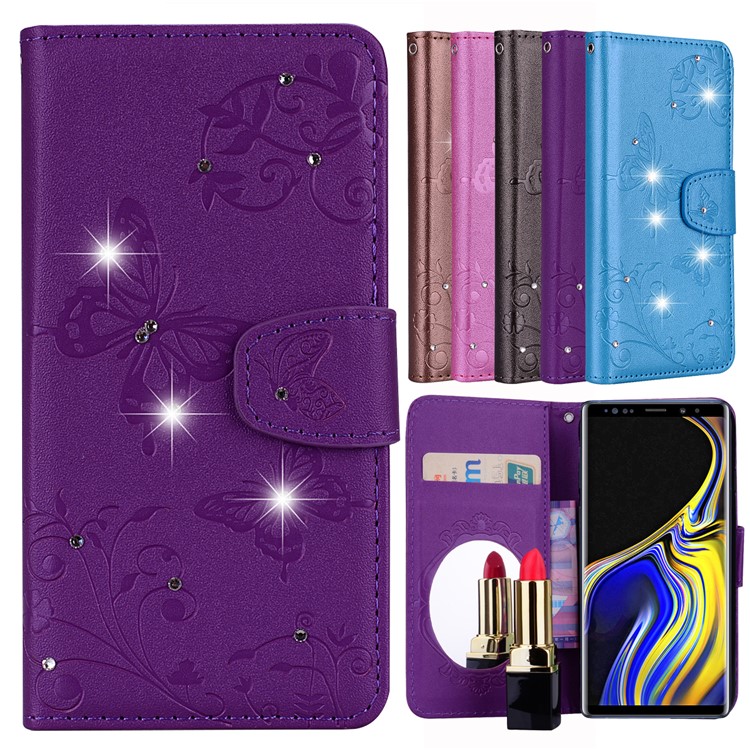 

For Samsung Galaxy Note9 N960 Imprinted Butterfly Flower Rhinestone Wallet Leather Flip Case with Mirror - Purple