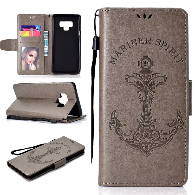 

Imprint Anchor Wallet Stand Leather Phone Case for Samsung Galaxy Note9 N960 - Grey