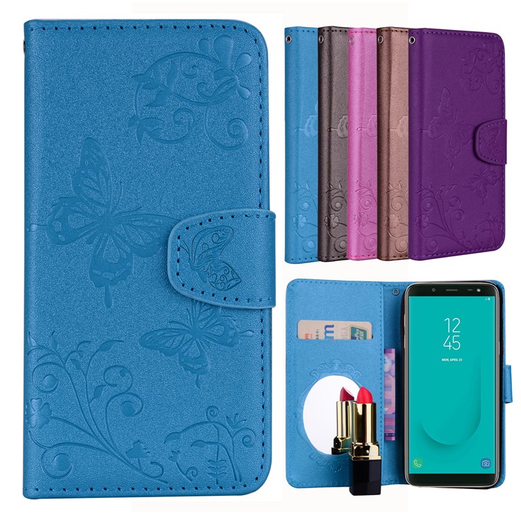 

Imprinted Butterfly Flower Pattern Wallet Leather Stand Phone Accessory Cover with Mirror for Samsung Galaxy J6 (2018) - Blue, Galaxy J6 (2018)
