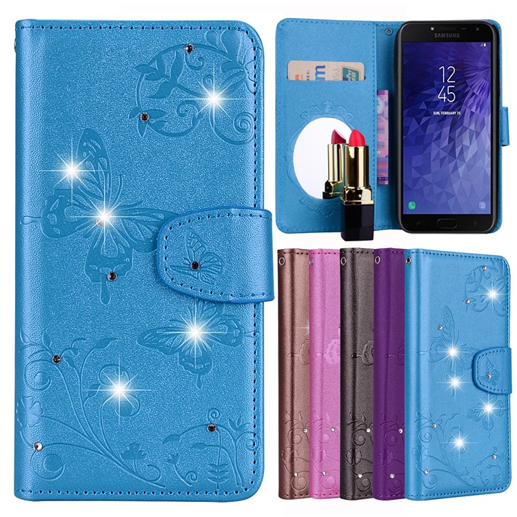 

Imprinted Butterfly Flower Pattern Rhinestone Leather Wallet Cover Case for Samsung Galaxy J4 (2018) - Blue