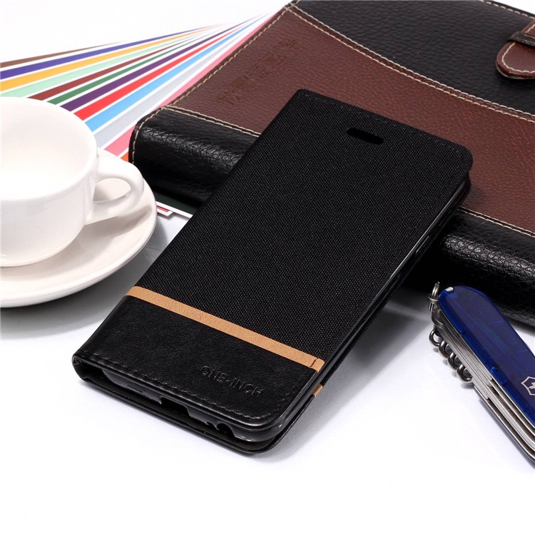 Cloth Texture Splicing PU Leather Card Holder Cellphone Case for Samsung Galaxy J4 (2018) - Black-6
