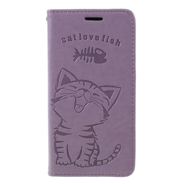 Imprint Cat E Fish Bone Carteira Pu Leather Case Acessório Para Samsung Galaxy S9 + G965 - Roxa-1