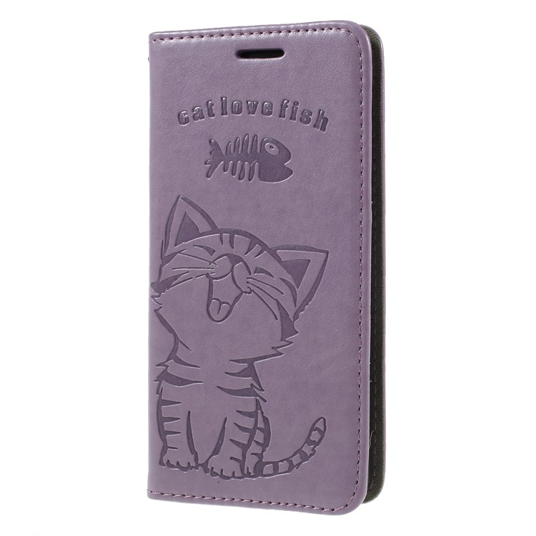 Imprint Cat E Fish Bone Carteira Pu Leather Case Acessório Para Samsung Galaxy S9 + G965 - Roxa-3