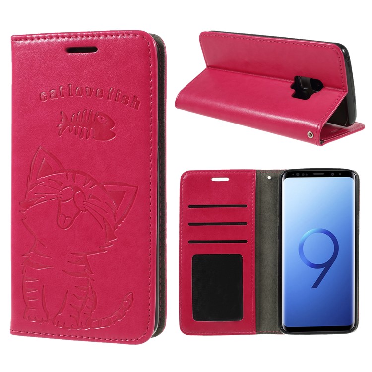 Impressão Cat E Fish Bone Wallet Stand Estojo De Couro Para Samsung Galaxy S9 G960 - Rosa-1