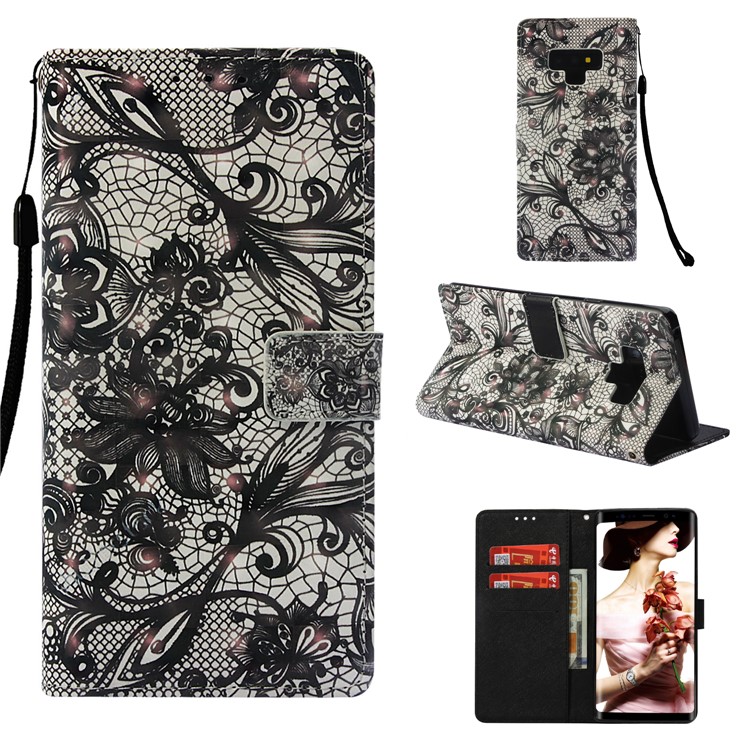 

Patterned Wallet Stand Leather Flip Cover for Samsung Galaxy Note9 N960 - Black Lace Flower