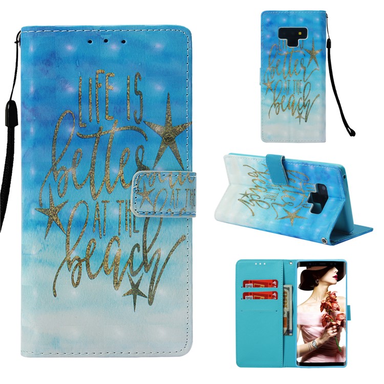 

Patterned Wallet Stand Leather Case Cover for Samsung Galaxy Note9 N960 - Starfish and Words