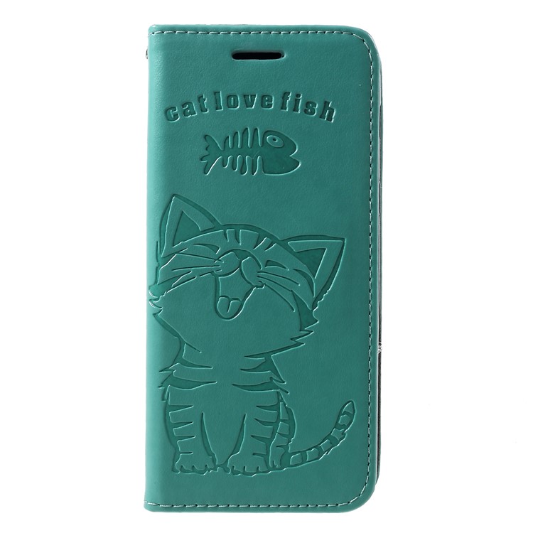 

Imprint Cat and Fish Bone Wallet Leather Cellphone Protective Case for Samsung Galaxy A8 (2018) - Cyan