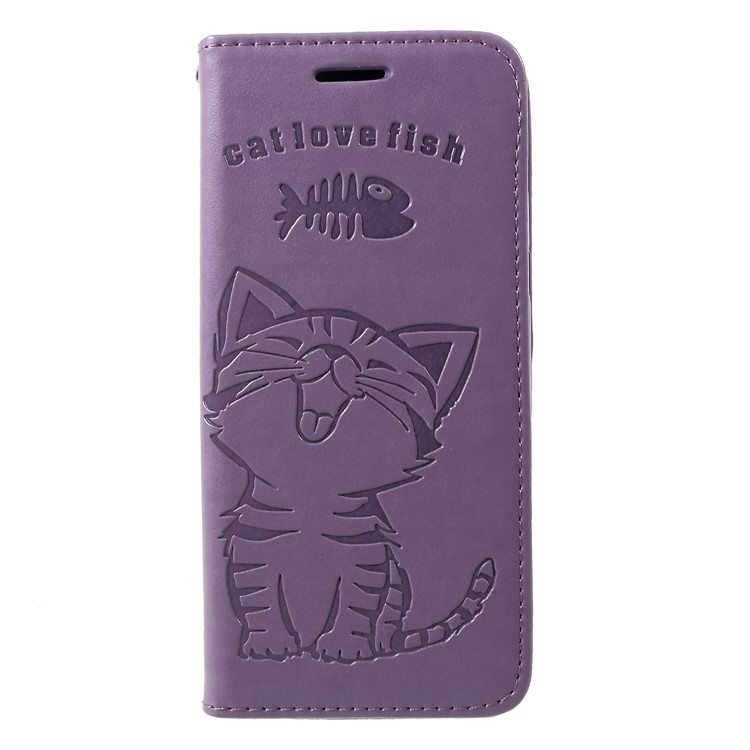 

Imprint Cat and Fish Bone Leather Wallet Stand Phone Card Holder Case for Samsung Galaxy A8 (2018) - Light Purple