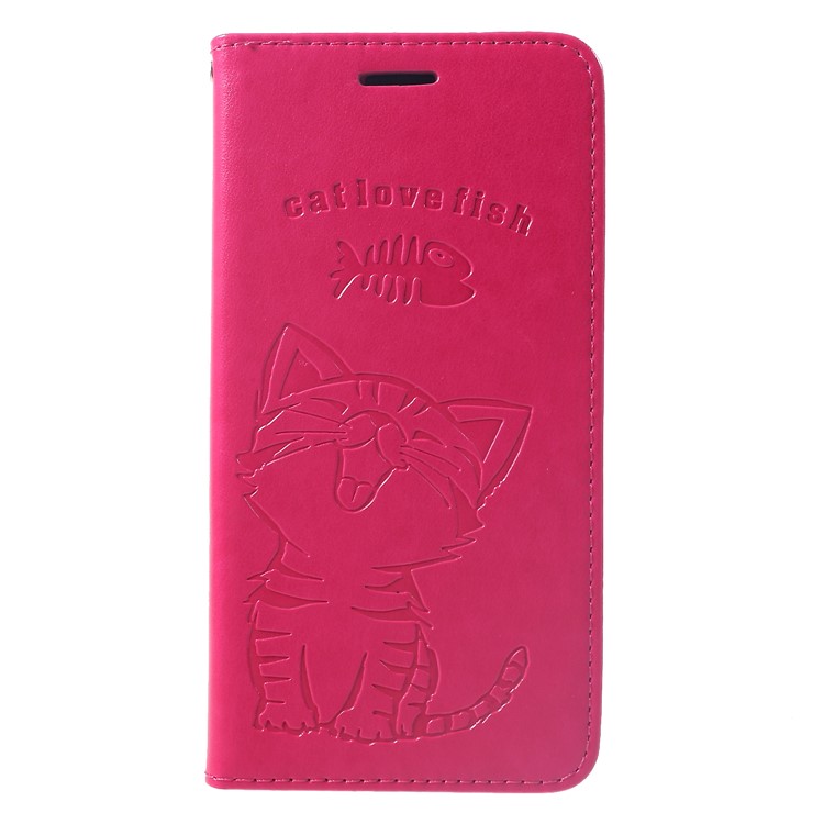 Impressão Cat E Fish Bone Wallet Stand Case Capa De Telefone De Couro Para Samsung Galaxy A6 Plus (2018) / A9 Star Lite - Rosa-3