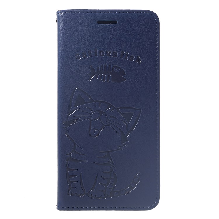 

Imprint Cat and Fish Bone Leather Cover Wallet Cell Phone Case for Samsung Galaxy A6+ (2018) / A9 Star Lite - Dark Blue