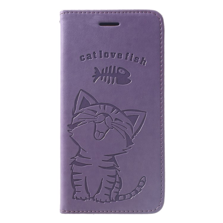 

Imprint Cat and Fish Bone Leather Case Wallet Cell Phone Cover for Samsung Galaxy A6+ (2018) / A9 Star Lite - Purple
