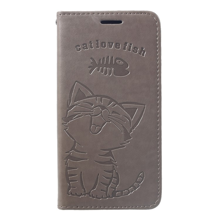 

For Samsung Galaxy A6 (2018) Imprint Workmanship Cat and Fish Bone Wallet Stand Case Leather Phone Cover - Grey