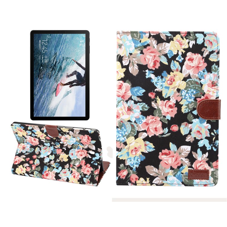 Flower Cloth Skin PU Leather Stand Wallet Protector Case for Samsung Galaxy Tab S4 10.5 T830 - Black-1