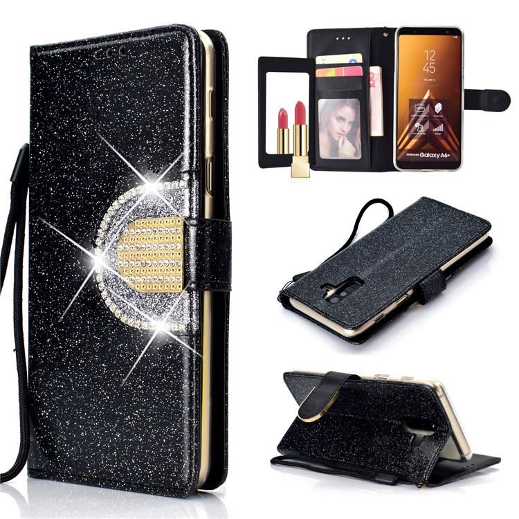 

Glitter Powder Rhinestone Decoration Wallet Leather Case with Mirror for Samsung Galaxy A6+ (2018) / A9 Star Lite - Black, Galaxy A6+ (2018)