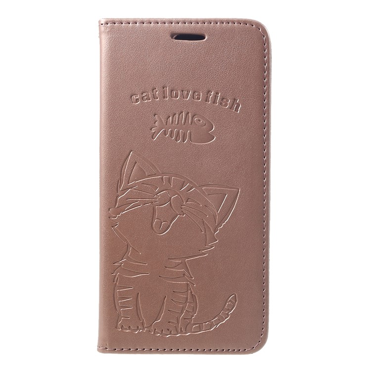 

For Samsung Galaxy A8+ (2018) Imprint Cat and Fish Bone Wallet Stand Leather Phone Casing - Rose Gold