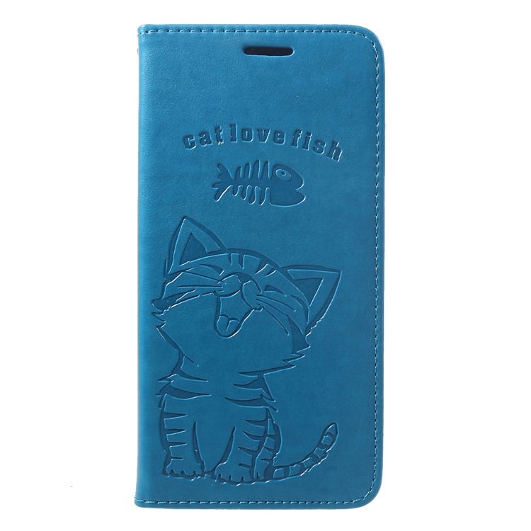 

For Samsung Galaxy A8+ (2018) Imprint Cat and Fish Bone Wallet Stand Leather Mobile Phone Cover - Baby Blue