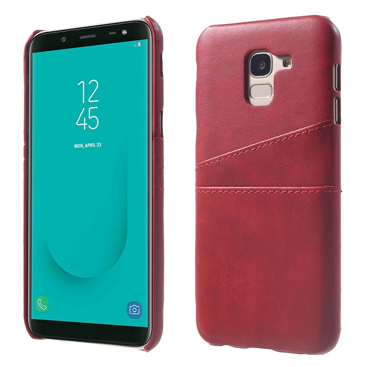 PU Leather Coated PC Hard Case with 2 Card Slots for Samsung Galaxy J6 (2018) - Red-1