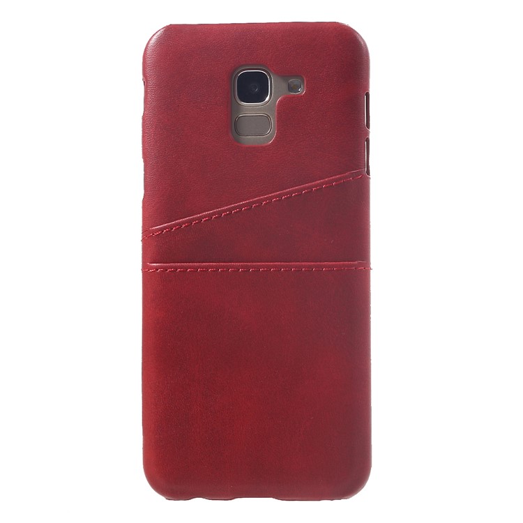 PU Leather Coated PC Hard Case with 2 Card Slots for Samsung Galaxy J6 (2018) - Red-2