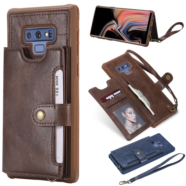 

PU Leather Coated TPU Cover Wallet Kickstand Case with Strap for Samsung Galaxy Note9 N960 - Coffee
