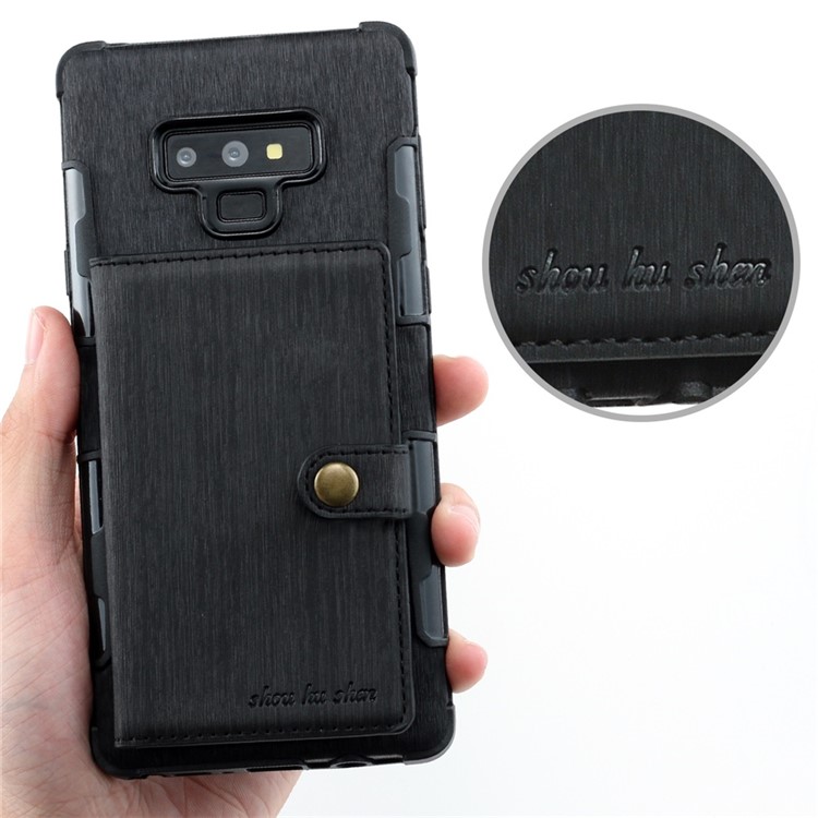 SHOUHUSHEN Brushed Card Slots PU Leather Coated Hard PC Case for Samsung Galaxy Note9 SM-N960 - Black-4