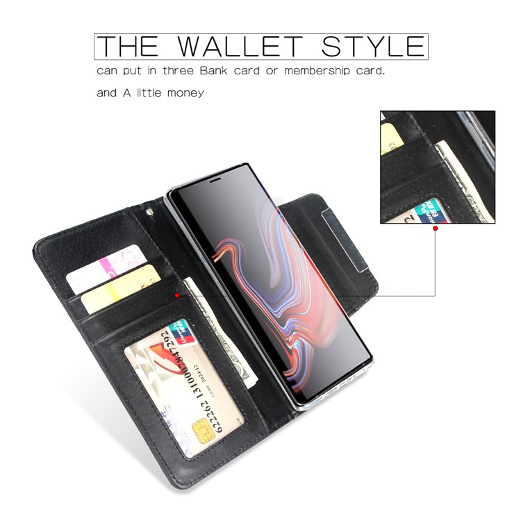 Glittery Leaves Flowers Leather Wallet Cover + Detachable Inner TPU Back Casing for Samsung Galaxy Note9 N960 - Black-2
