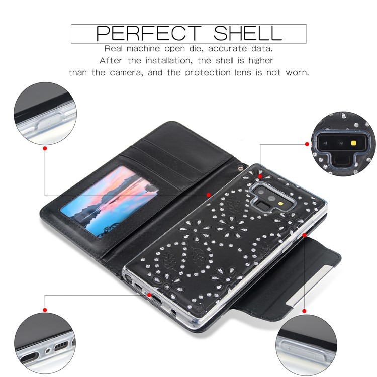 Glittery Leaves Flowers Leather Wallet Cover + Detachable Inner TPU Back Casing for Samsung Galaxy Note9 N960 - Black-3