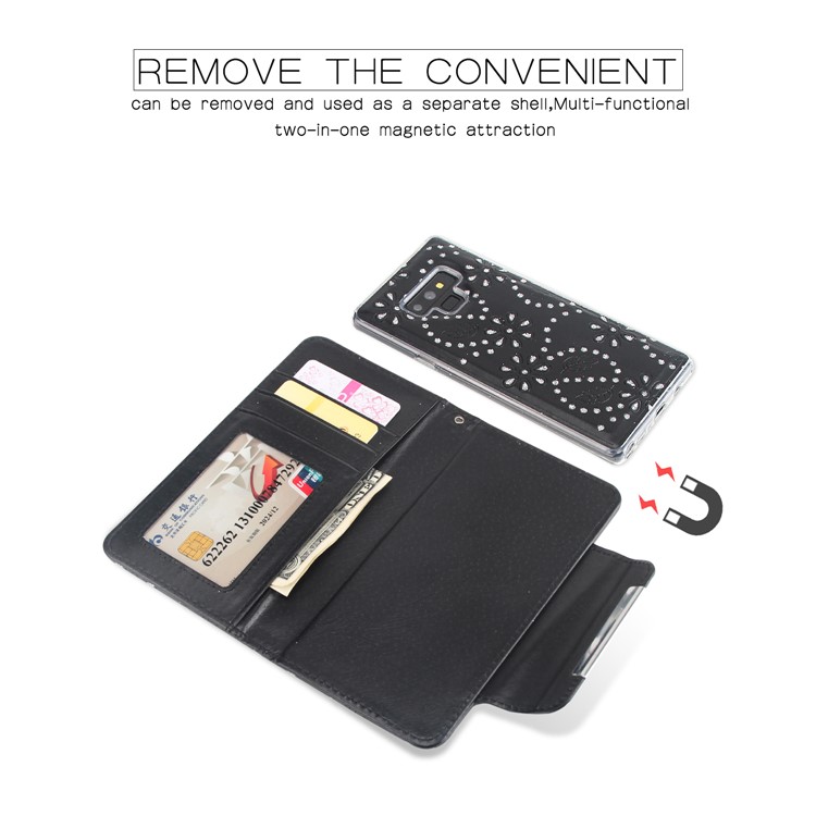 Glittery Leaves Flowers Leather Wallet Cover + Detachable Inner TPU Back Casing for Samsung Galaxy Note9 N960 - Black-4