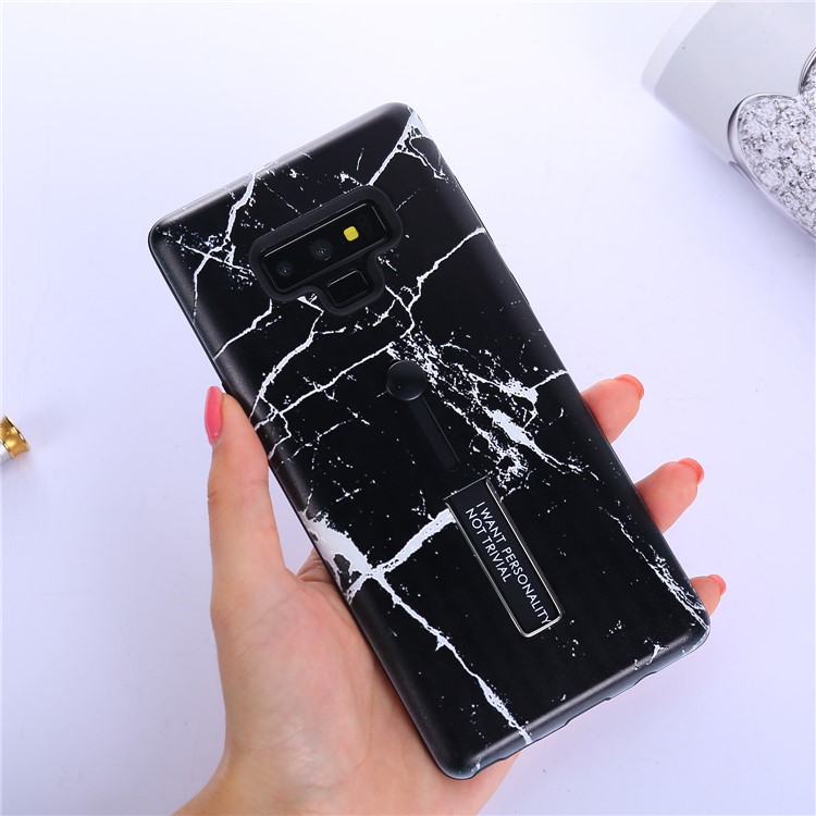Embossed Marble Pattern TPU PC Hybrid Case with Finger Grip and Kickstand for Samsung Galaxy Note9 N960 - Black-3