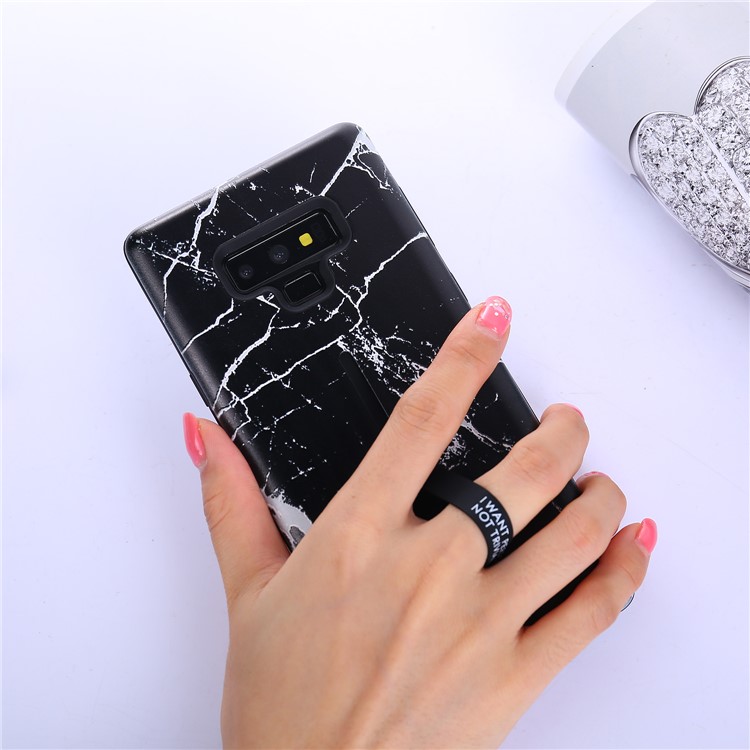 Embossed Marble Pattern TPU PC Hybrid Case with Finger Grip and Kickstand for Samsung Galaxy Note9 N960 - Black-4