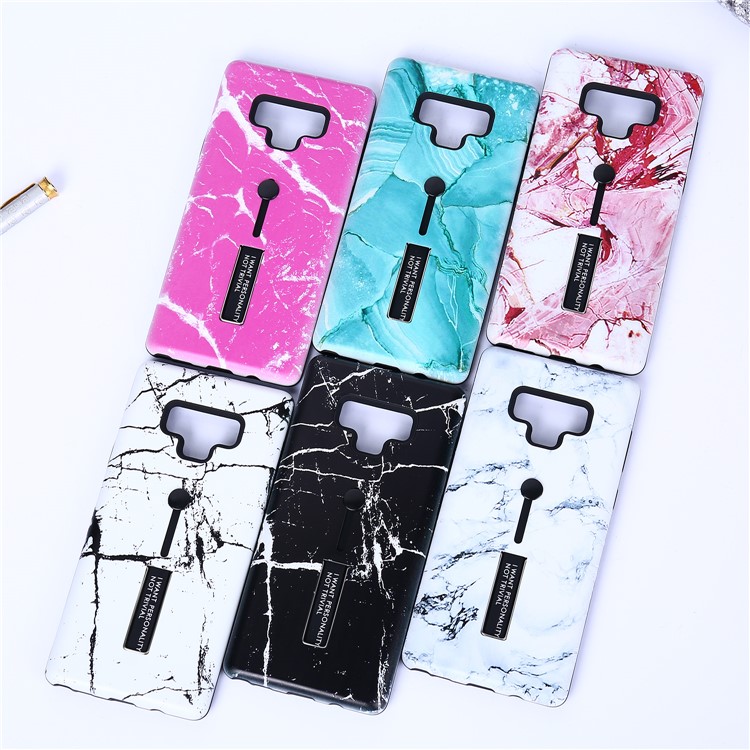 Embossed Marble Pattern TPU PC Hybrid Case with Finger Grip and Kickstand for Samsung Galaxy Note9 N960 - Black-6