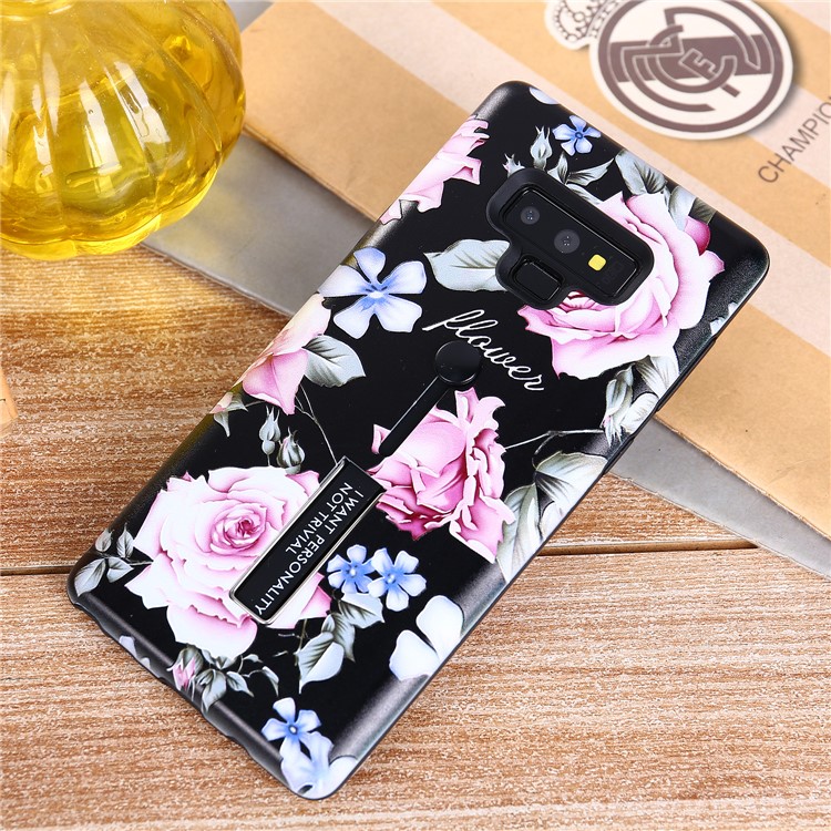 For Samsung Galaxy Note9 N960 Flower Pattern Embossed TPU PC Combo Case with Finger Grip and Kickstand - Charming Flower-10