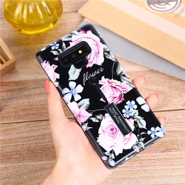 For Samsung Galaxy Note9 N960 Flower Pattern Embossed TPU PC Combo Case with Finger Grip and Kickstand - Charming Flower-3
