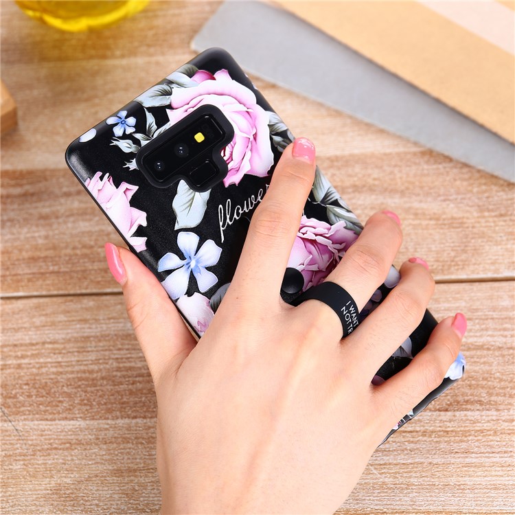 For Samsung Galaxy Note9 N960 Flower Pattern Embossed TPU PC Combo Case with Finger Grip and Kickstand - Charming Flower-4