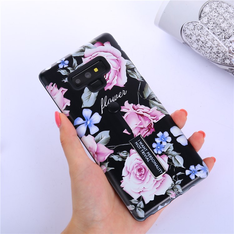 For Samsung Galaxy Note9 N960 Flower Pattern Embossed TPU PC Combo Case with Finger Grip and Kickstand - Charming Flower-8