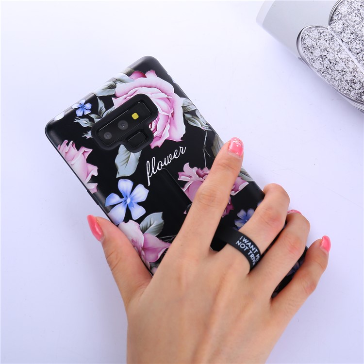 For Samsung Galaxy Note9 N960 Flower Pattern Embossed TPU PC Combo Case with Finger Grip and Kickstand - Charming Flower-9