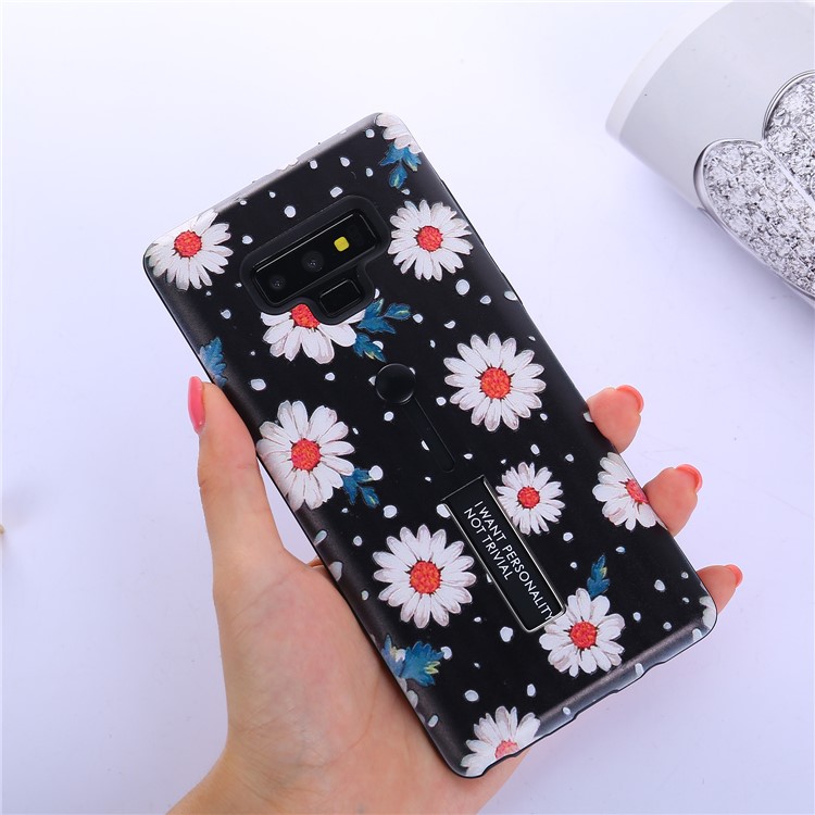 For Samsung Galaxy Note9 N960 Embossed Flower Pattern TPU PC Hybrid Case with Finger Grip and Kickstand - Daisy Flower-7
