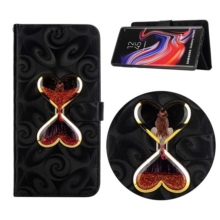 Double Heart Hourglass Quicksand Leather Wallet Case for Samsung Galaxy Note9 N960 - Black-1