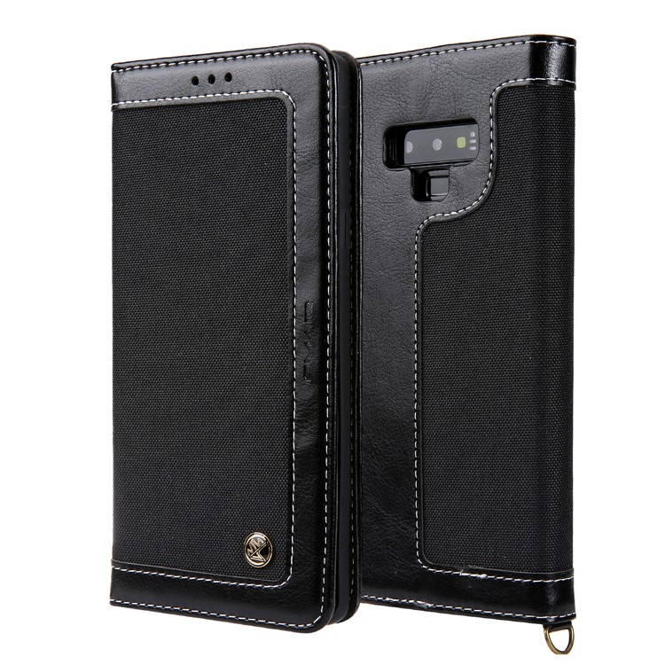 CMAI2 Jeans Cloth PU Leather Wallet Case with Hand Strap for Samsung Galaxy Note9 N960 - Black-1