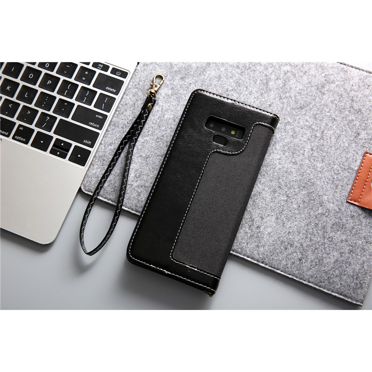 CMAI2 Jeans Cloth PU Leather Wallet Case with Hand Strap for Samsung Galaxy Note9 N960 - Black-14